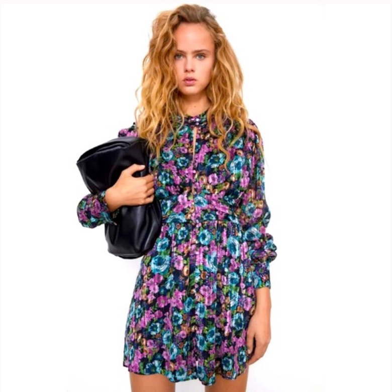 Zara Floral Metallic Thread Long Sleeve Button Down Dress Size Xs Nwt